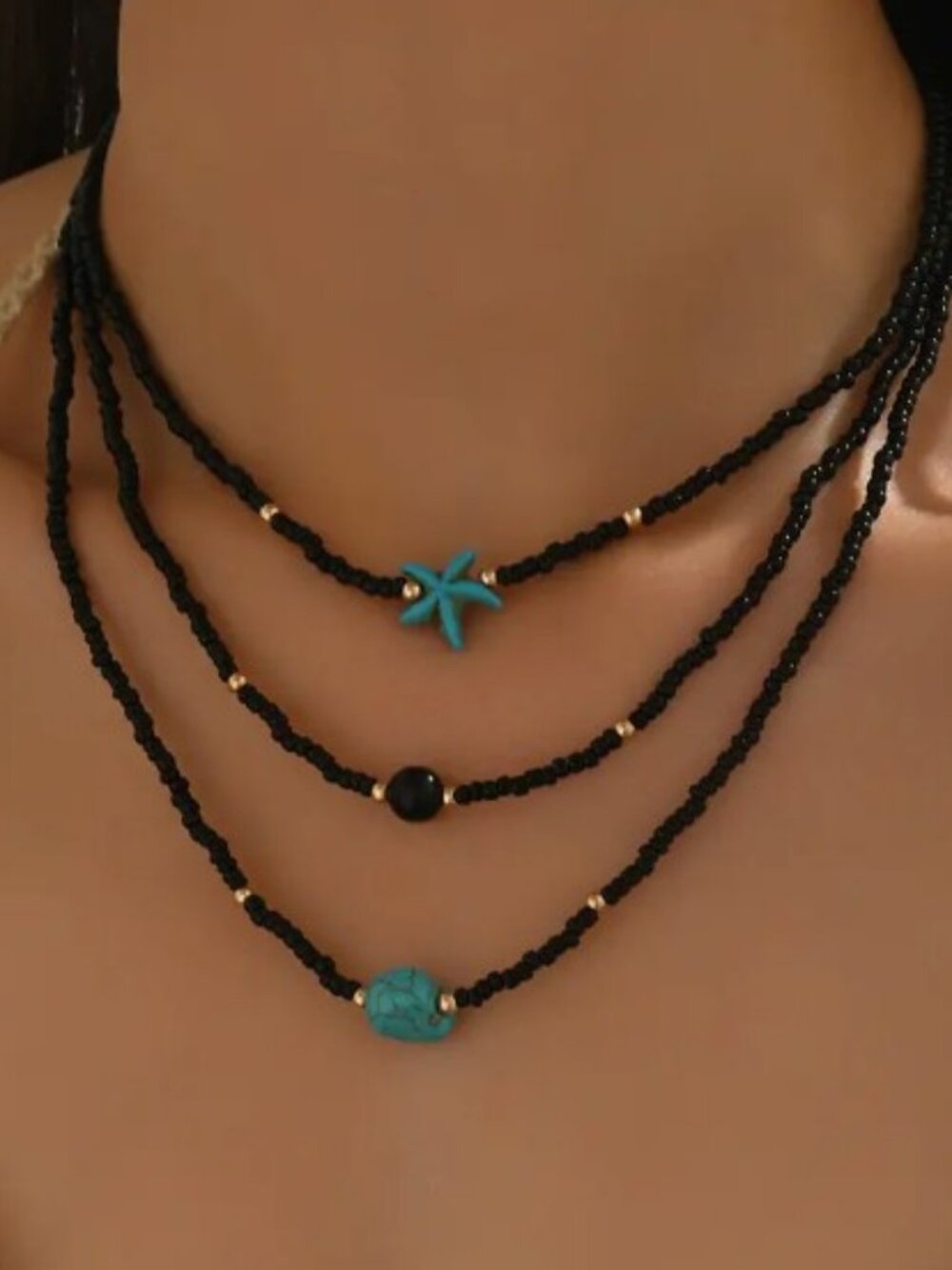 3 Pc Bohemian Black Beaded Necklace Set with Glass Beads Starfish and Round Bead